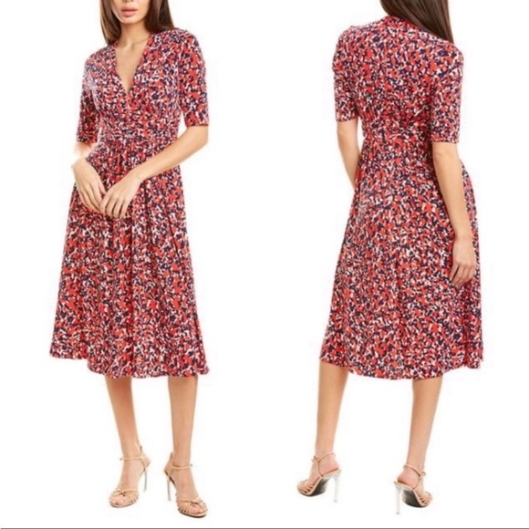 Vince Camuto Red Blue Dot Print 3/4 Sleeve Midi Dresss Size 2 - Picture 1 of 11